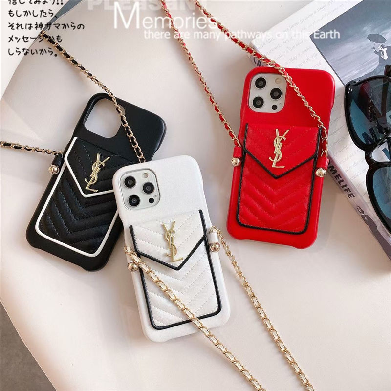 YSL iphoneケース ハイブランド レディース iphone14 カードケース チェーン付き サンローラン iphone14promax スマホカバー エレガント